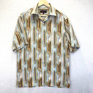 Vintage Retro Geometric Shirt Mens Medium Button Up 90s Y2k Brown Blue Bowling